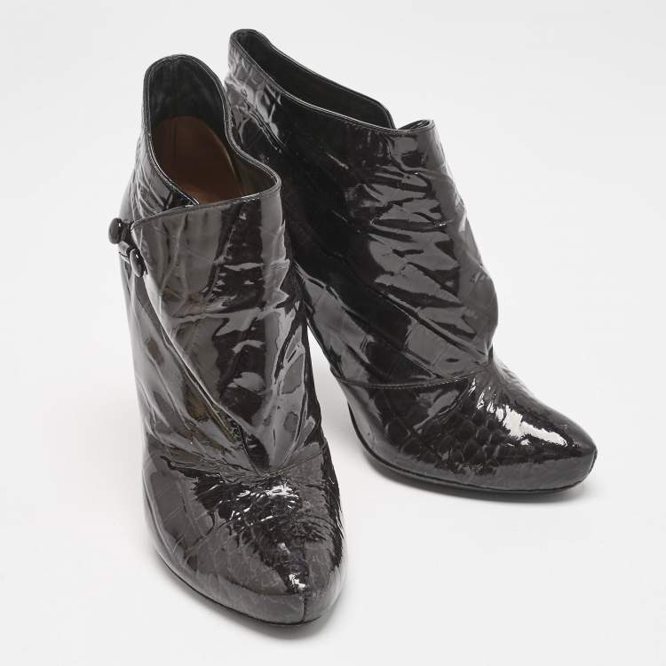 Pre Owned Louis Vuitton Black Croc Embossed Patent Leather Cornelia Booties Size 38.5