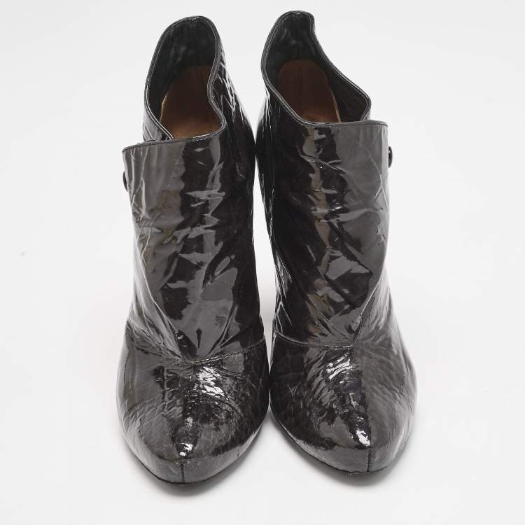 Pre Owned Louis Vuitton Black Croc Embossed Patent Leather Cornelia Booties Size 38.5