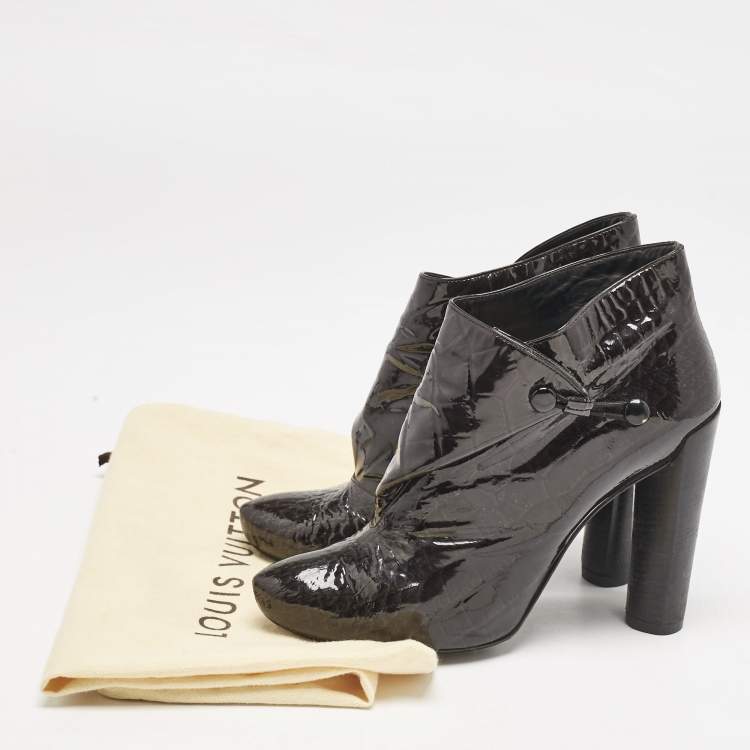 Pre Owned Louis Vuitton Black Croc Embossed Patent Leather Cornelia Booties Size 38.5