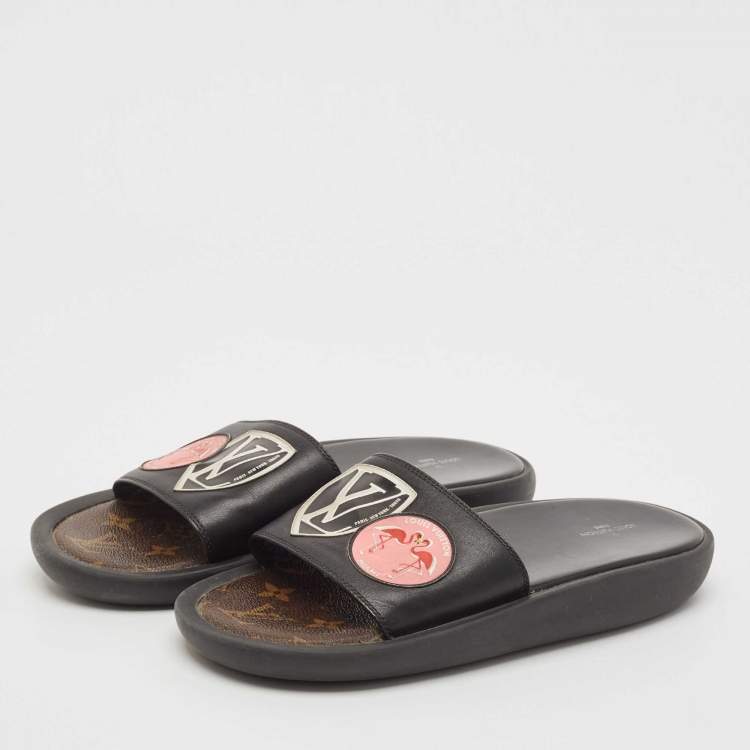 Pre Owned Louis Vuitton Black Leather LV Flamingo Flat Slide Sandals Size 39