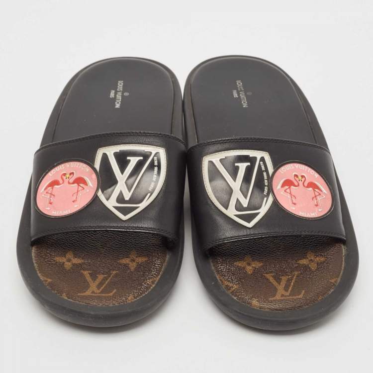 Pre Owned Louis Vuitton Black Leather LV Flamingo Flat Slide Sandals Size 39