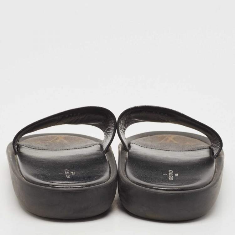 Pre Owned Louis Vuitton Black Leather LV Flamingo Flat Slide Sandals Size 39