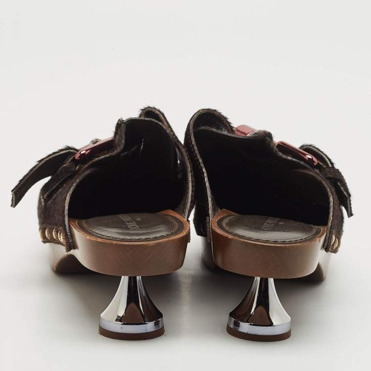 Pre Owned Louis Vuitton Brown Calf Hair Buckle Clogs Size 38