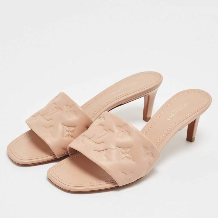 Pre Owned Louis Vuitton Beige Monogram Embossed Leather Revival Slide Sandals Size 37