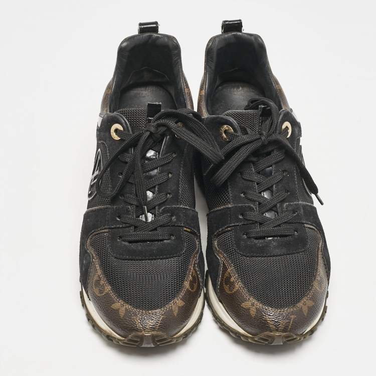 Pre Owned Louis Vuitton Black/Brown Mesh and Monogram Canvas Run Away Sneakers Size 38.5