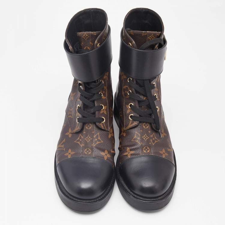 Pre Owned Louis Vuitton Brown/Black Monogram Canvas and Leather Wonderland Flat Ranger Boots Size 40
