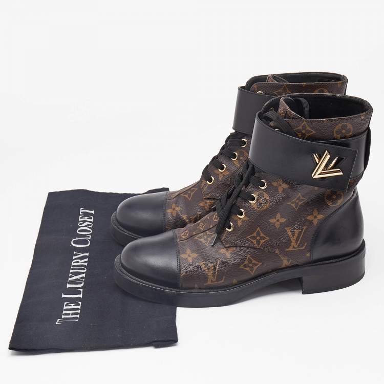 Pre Owned Louis Vuitton Brown/Black Monogram Canvas and Leather Wonderland Flat Ranger Boots Size 40