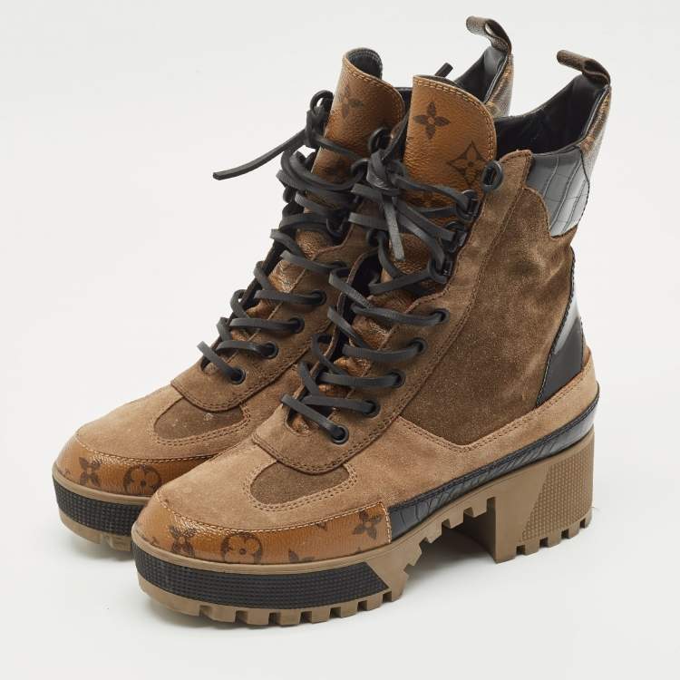 Pre Owned Louis Vuitton Multicolor Suede and Monogram Canvas Laureate Desert Boots Size 38