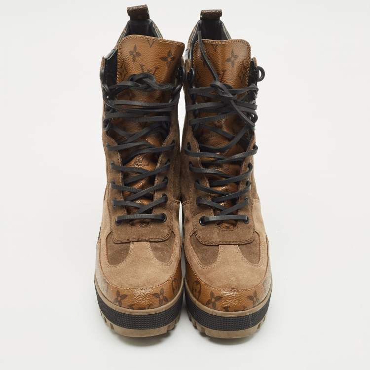 Pre Owned Louis Vuitton Multicolor Suede and Monogram Canvas Laureate Desert Boots Size 38