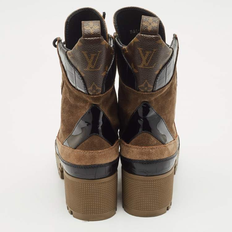 Pre Owned Louis Vuitton Multicolor Suede and Monogram Canvas Laureate Desert Boots Size 38