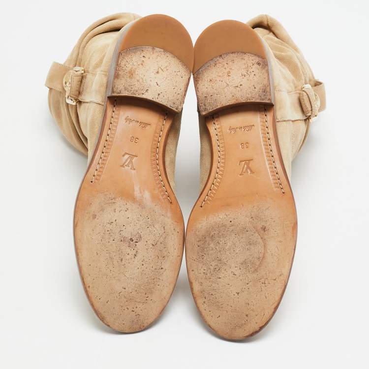 Pre Owned Louis Vuitton Beige Suede Buckle Ankle Boots Size 38