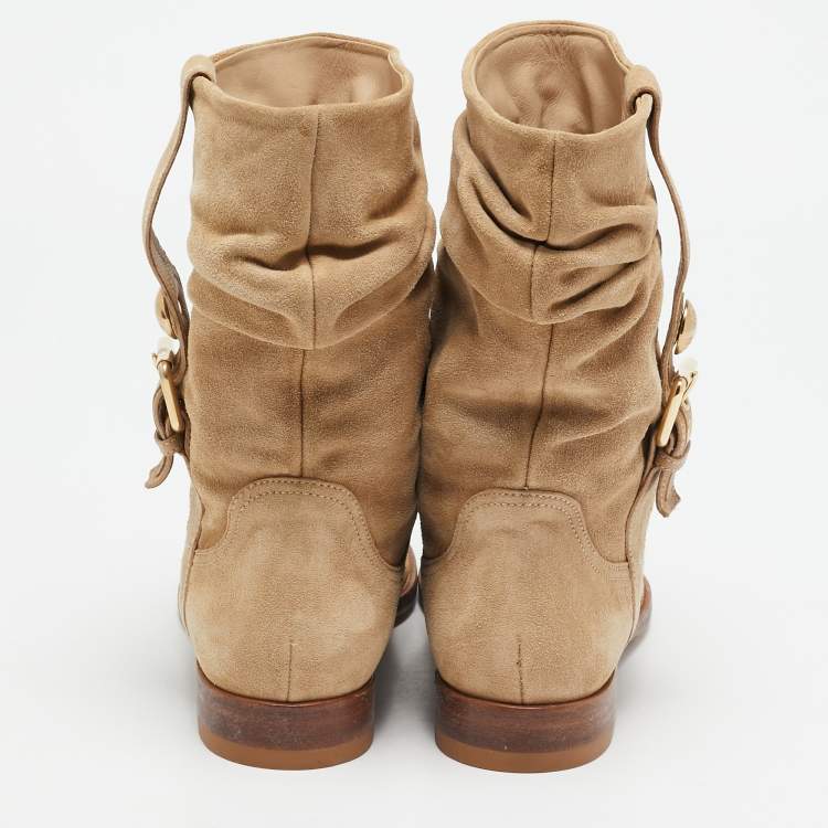 Pre Owned Louis Vuitton Beige Suede Buckle Ankle Boots Size 38