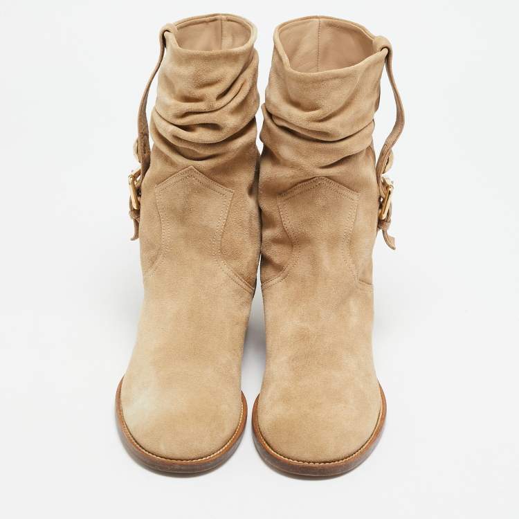 Pre Owned Louis Vuitton Beige Suede Buckle Ankle Boots Size 38