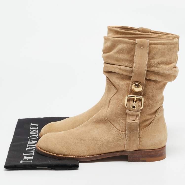 Pre Owned Louis Vuitton Beige Suede Buckle Ankle Boots Size 38