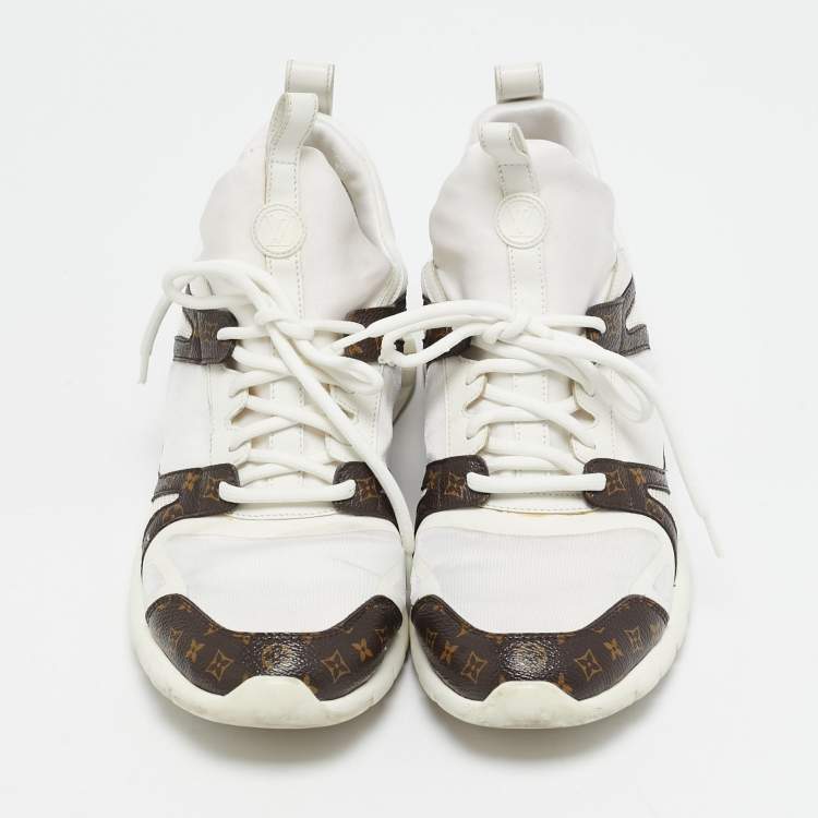 Pre Owned Louis Vuitton White Neoprene and Monogram Canvas Aftergame Sneakers Size 38.5