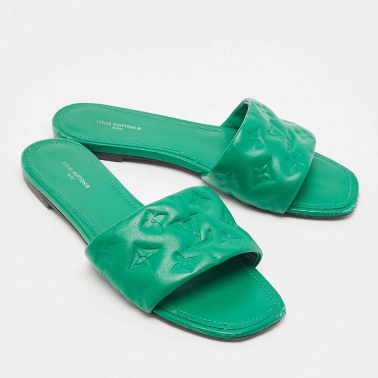 Pre Owned Louis Vuitton Green Monogram Embossed Leather Revival Flat Slides Size 39.5
