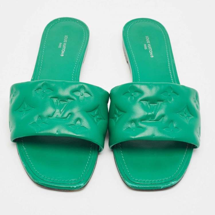 Pre Owned Louis Vuitton Green Monogram Embossed Leather Revival Flat Slides Size 39.5