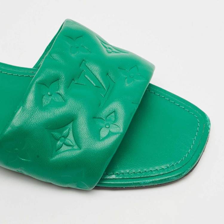 Pre Owned Louis Vuitton Green Monogram Embossed Leather Revival Flat Slides Size 39.5