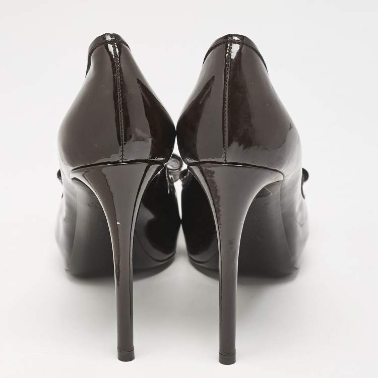 Pre Owned Louis Vuitton Brown Vernis Leather Valentine Peep Toe Pumps Size 37.5