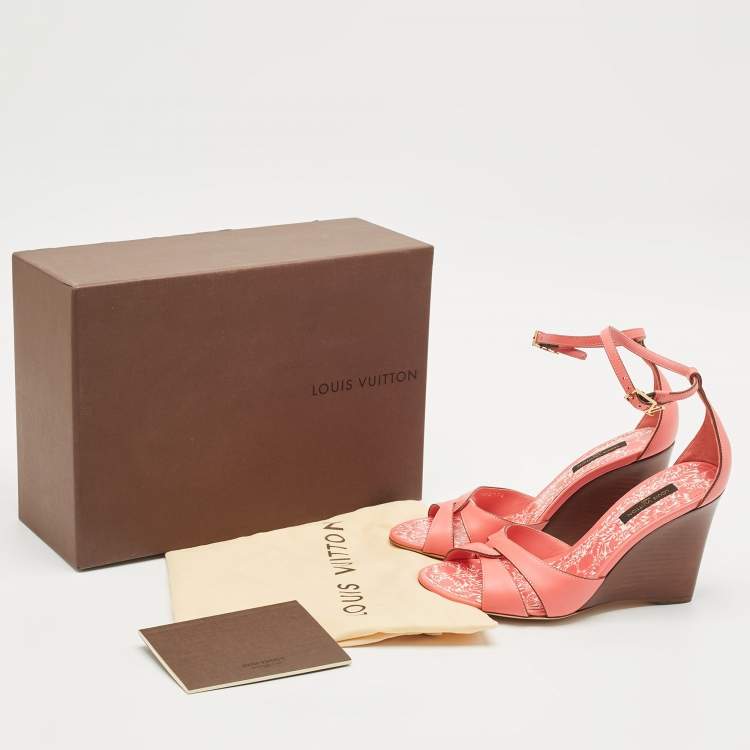 Pre Owned Louis Vuitton Pink Leather Ankle Strap Wedge Sandals Size 36