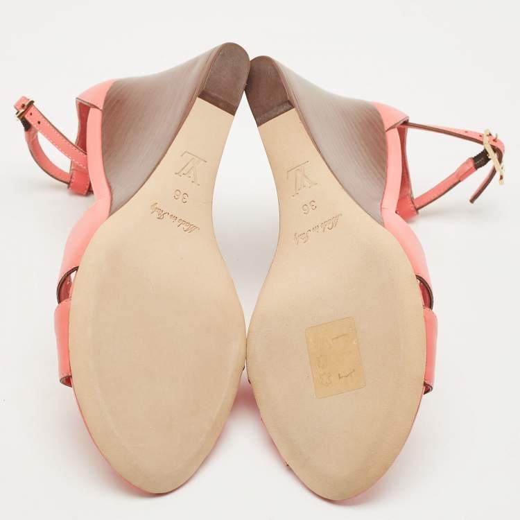 Pre Owned Louis Vuitton Pink Leather Ankle Strap Wedge Sandals Size 36