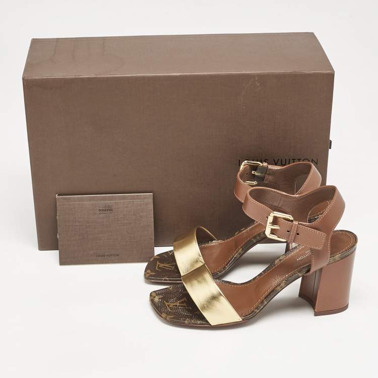 مملوكة مسبقًا Louis Vuitton Brown/Gold Leather Bloom Ankle Strap Sandals Size 36