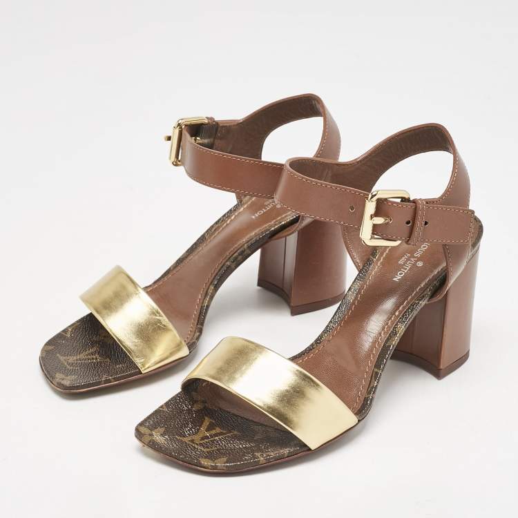 مملوكة مسبقًا Louis Vuitton Brown/Gold Leather Bloom Ankle Strap Sandals Size 36