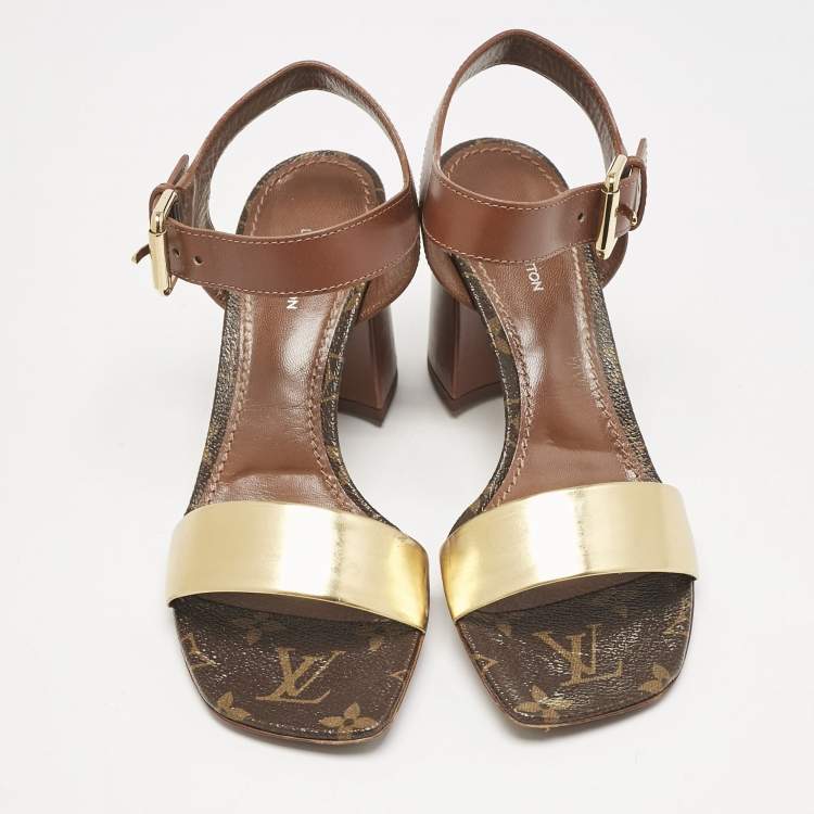 مملوكة مسبقًا Louis Vuitton Brown/Gold Leather Bloom Ankle Strap Sandals Size 36