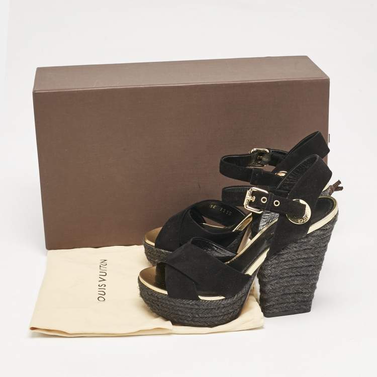 Pre Owned Louis Vuitton Black Suede Espadrille Platform Sandals Size 35