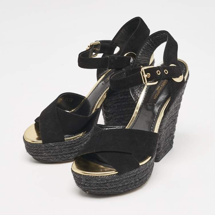 Pre Owned Louis Vuitton Black Suede Espadrille Platform Sandals Size 35