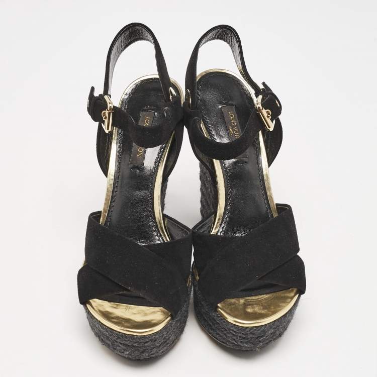 Pre Owned Louis Vuitton Black Suede Espadrille Platform Sandals Size 35