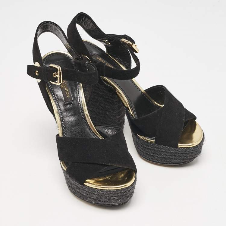 Pre Owned Louis Vuitton Black Suede Espadrille Platform Sandals Size 35