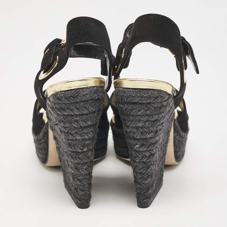 Pre Owned Louis Vuitton Black Suede Espadrille Platform Sandals Size 35