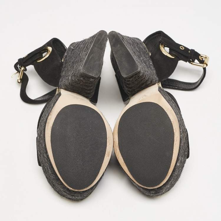 Pre Owned Louis Vuitton Black Suede Espadrille Platform Sandals Size 35