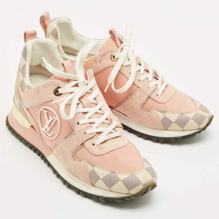Pre Owned Louis Vuitton Pink Suede, Mesh and Damier Azur Canvas Run Away Sneakers Size 37.5