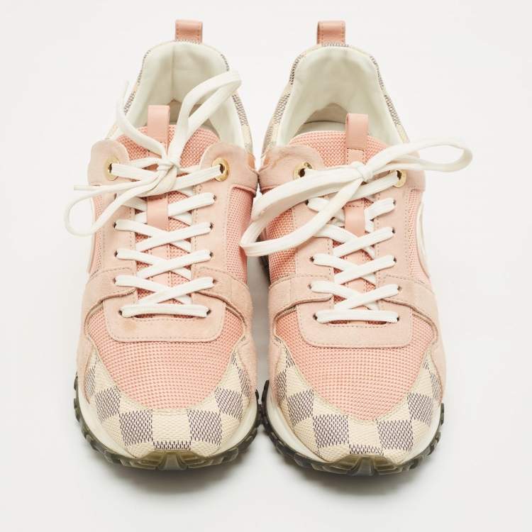 Pre Owned Louis Vuitton Pink Suede, Mesh and Damier Azur Canvas Run Away Sneakers Size 37.5