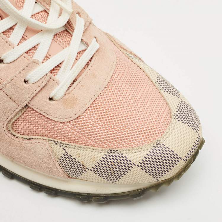 Pre Owned Louis Vuitton Pink Suede, Mesh and Damier Azur Canvas Run Away Sneakers Size 37.5