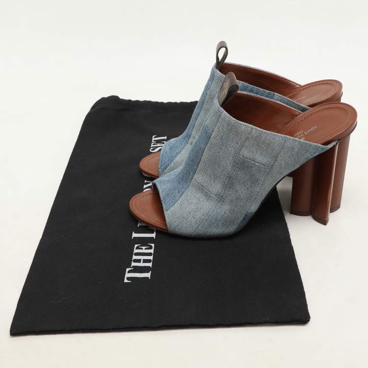 Pre Owned Louis Vuitton Faded Blue Patchwork Denim Flower Heel Mules Size 37