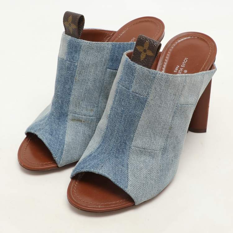 Pre Owned Louis Vuitton Faded Blue Patchwork Denim Flower Heel Mules Size 37