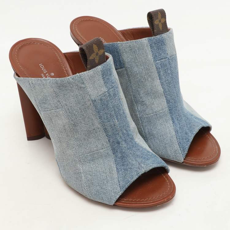 Pre Owned Louis Vuitton Faded Blue Patchwork Denim Flower Heel Mules Size 37