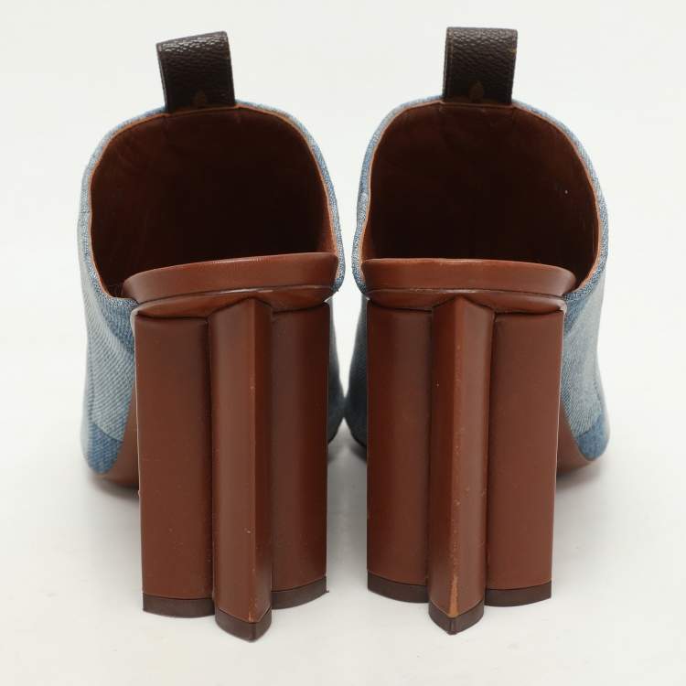 Pre Owned Louis Vuitton Faded Blue Patchwork Denim Flower Heel Mules Size 37