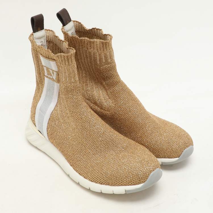 Pre Owned Louis Vuitton Gold Lurex Knit Fabric Aftergame High Top Sneakers Size 37