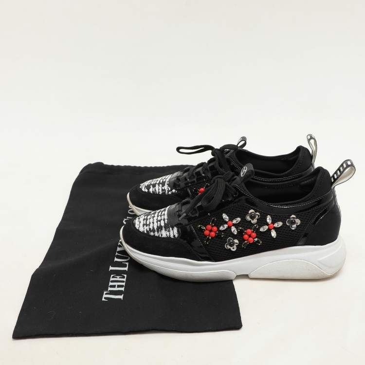 Pre Owned Louis Vuitton Black Patent Leather And Mesh Crystal Embellished Low Top Sneakers Size 36.5