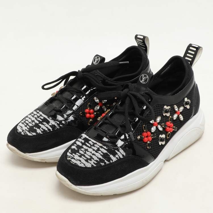 Pre Owned Louis Vuitton Black Patent Leather And Mesh Crystal Embellished Low Top Sneakers Size 36.5