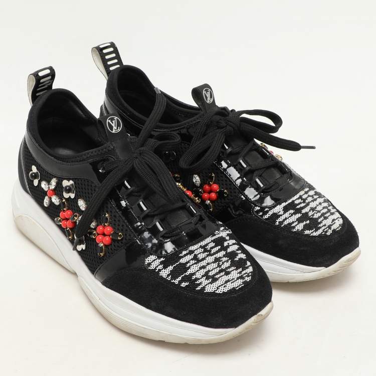 Pre Owned Louis Vuitton Black Patent Leather And Mesh Crystal Embellished Low Top Sneakers Size 36.5