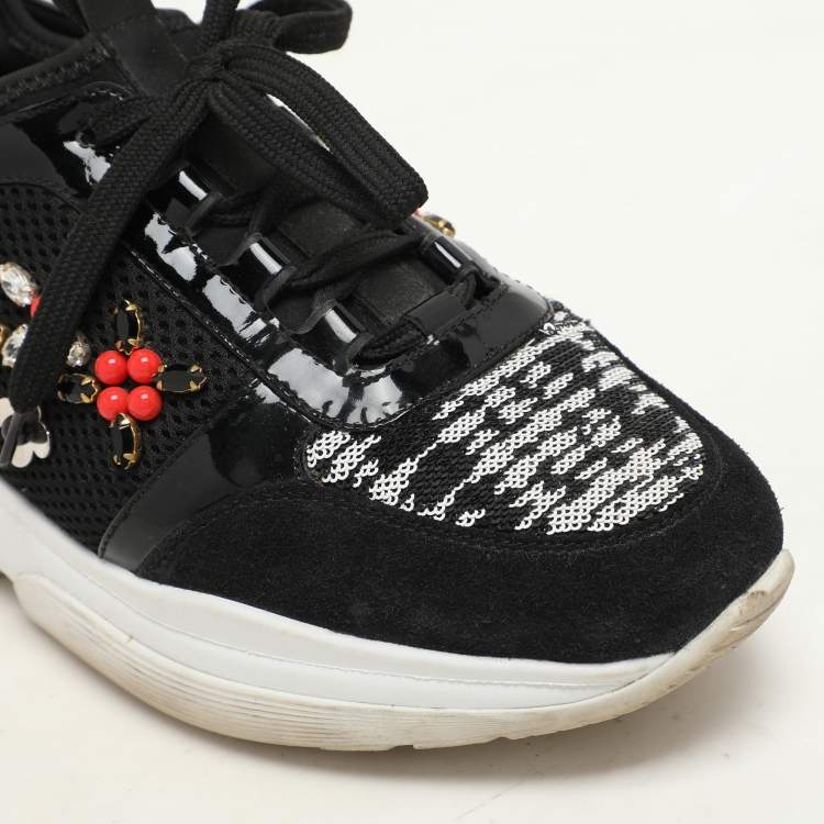 Pre Owned Louis Vuitton Black Patent Leather And Mesh Crystal Embellished Low Top Sneakers Size 36.5