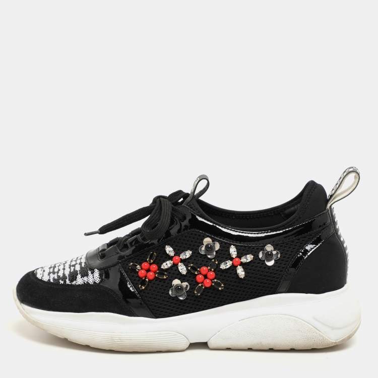 Pre Owned Louis Vuitton Black Patent Leather And Mesh Crystal Embellished Low Top Sneakers Size 36.5