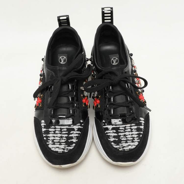 Pre Owned Louis Vuitton Black Patent Leather And Mesh Crystal Embellished Low Top Sneakers Size 36.5