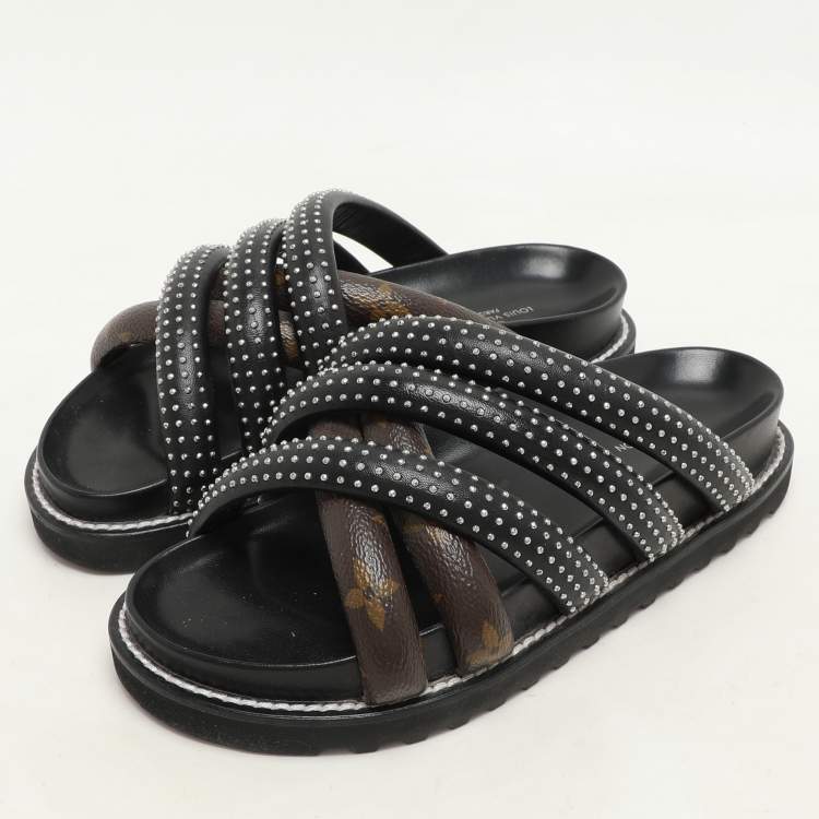 Pre Owned Louis Vuitton Black Monogram Canvas and Leather Slide Sandals Size 37