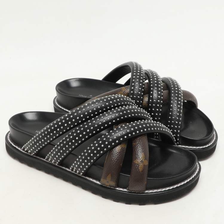 Pre Owned Louis Vuitton Black Monogram Canvas and Leather Slide Sandals Size 37